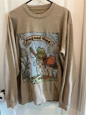 Frog and Toad Together Tan Sweatshirt Woven Tapestry Patch Pullover Large